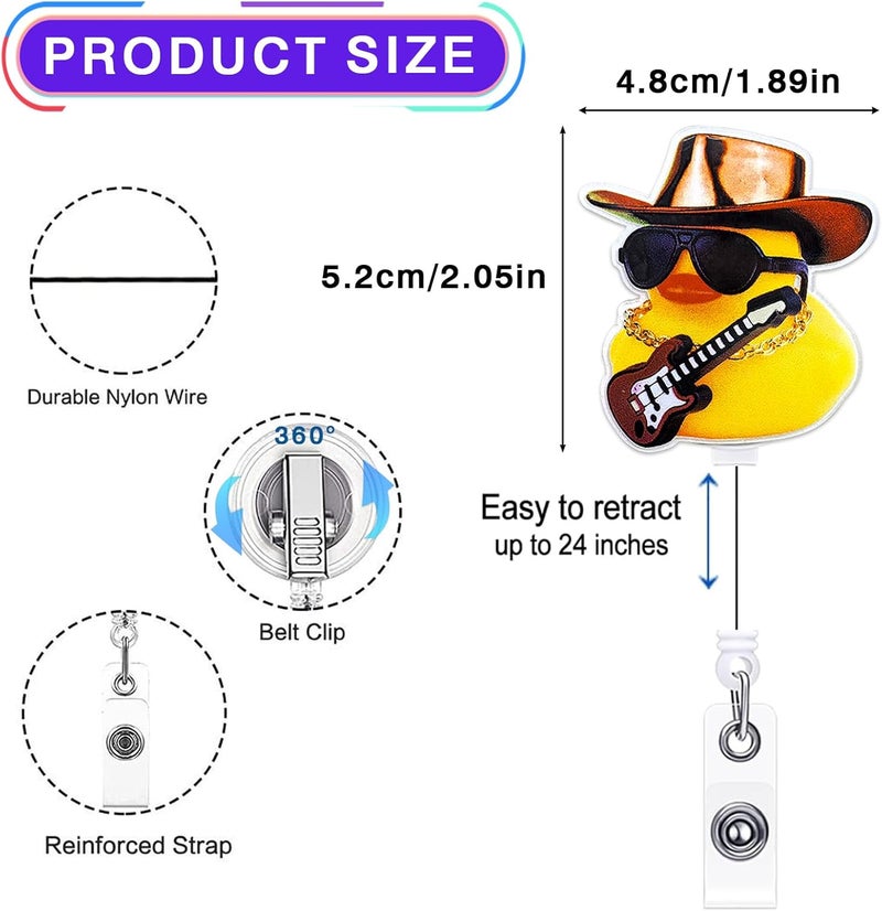 LEBEIGHT Funny Cowboy Rubber Duck Badge Reel Retractable for Nurse Nursing Student RN CNA LPN Medical Worker & Teacher, Cute Rock Star Rubber Duck Badge Clip, Western Badge Holder with Alligator Clip | Acrylic - Image 2